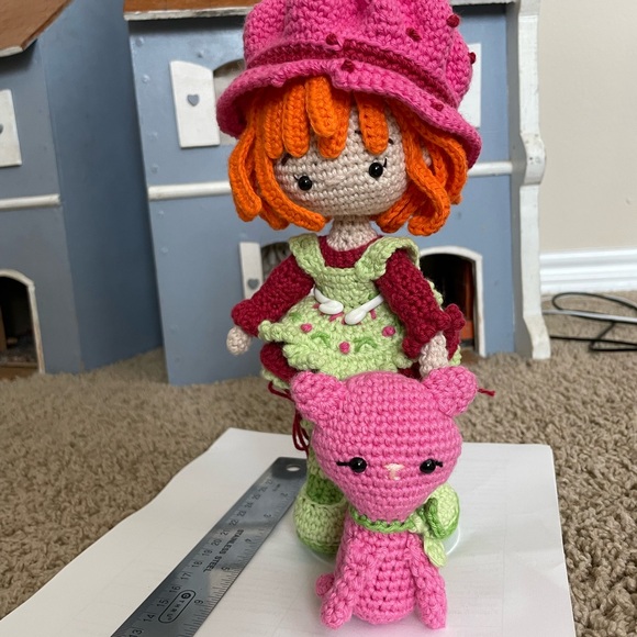 Handmade, Crocheted Strawberry Shortcake Doll with Custard the Cat - Picture 4 of 10